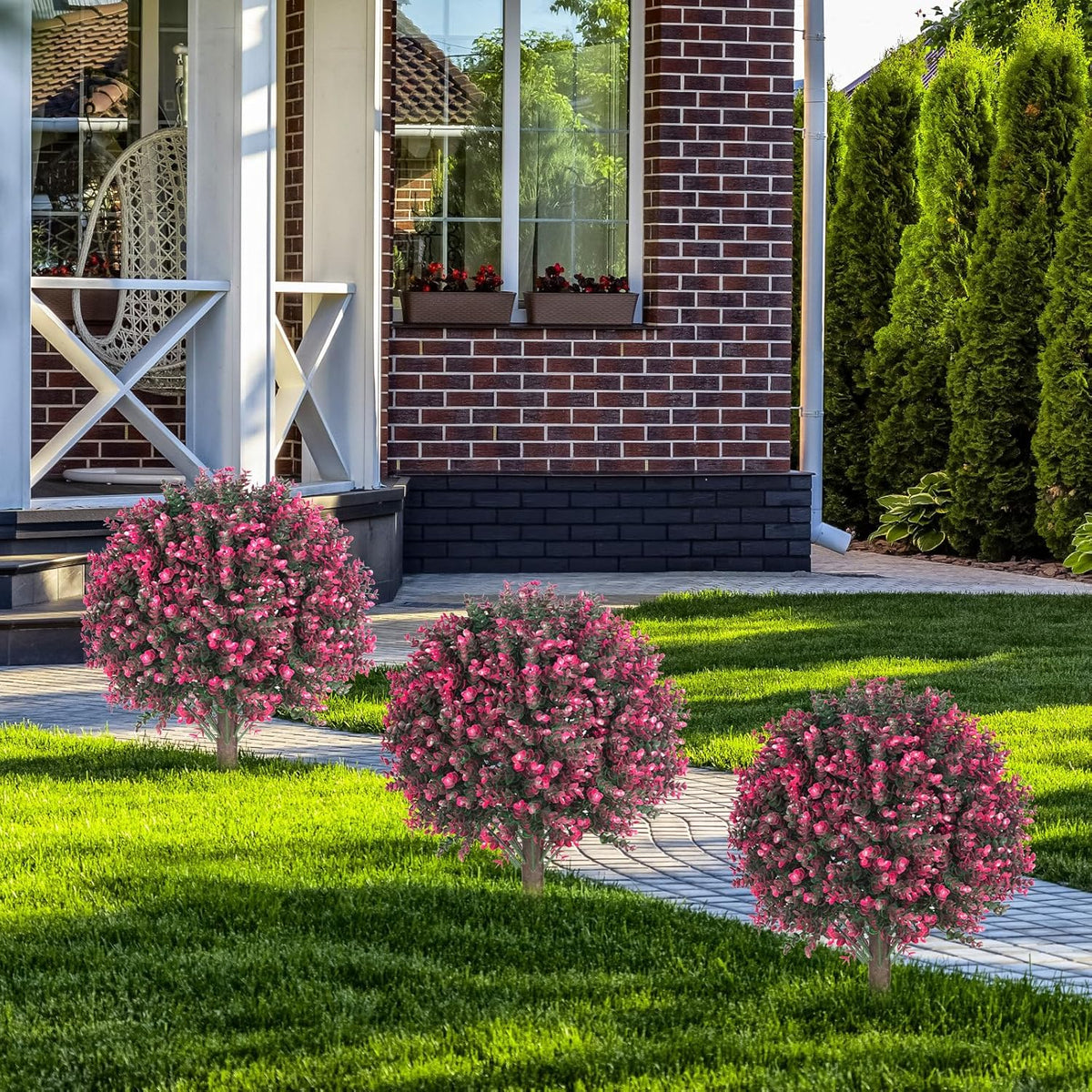 AOKIIE Set of 2 Artificial Rose Boxwood Topiary Ball Tree for Outdoor with Ground Spike, 22" UV Resistant Faux Greenery Shrubs, Fake Plants for Garden Yard Porch Patio(Rose)