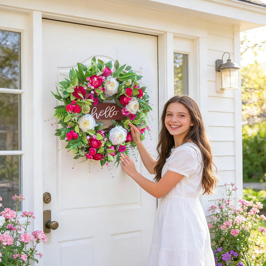 24 Inch Spring Summer Wreath with Pink Peony, Tulip, White Rose and Hello Wooden Sign