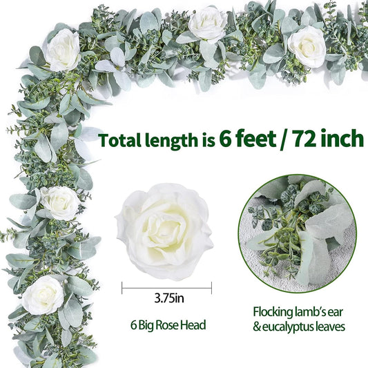 Miracliy 6 Ft Eucalyptus Garland with Flowers, Lambs Ear Greenery White Roses Flower Garland Fake Vines for Wedding Boho Table Mantle Backdrop Party Farmhouse Home Decor