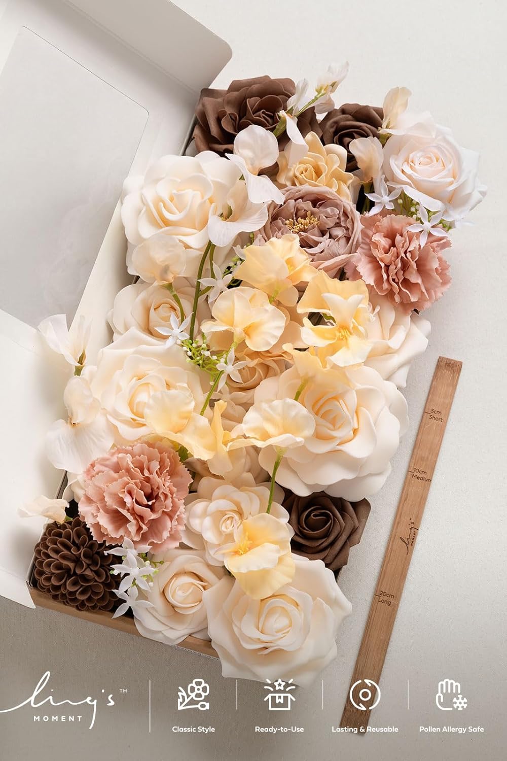 Ling's Moment Fake Flowers Box, Faux Peony Artificial Dahlia Foam Roses Silk Carnation for Centerpiece Bouquet Wedding Floral Arrangement Bridal Shower Party, Earth Brown & Butter Yellow, Deluxe Combo