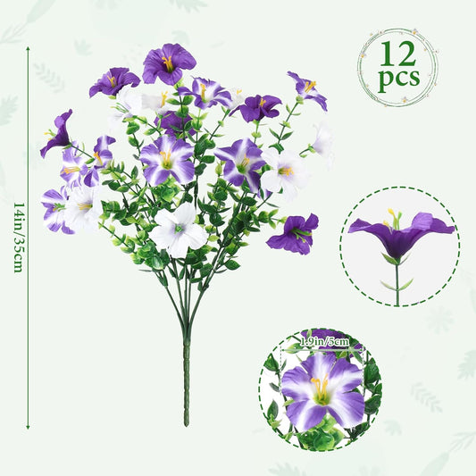 KHOYIME Artificial Flowers for Outdoor Decoration, 12PCS Faux White Purple Petunias Silk Flower UV Resistant Realistic Fake Plants for Outside Planter Garden Porch Yard Spring Summer Home Indoor Decor