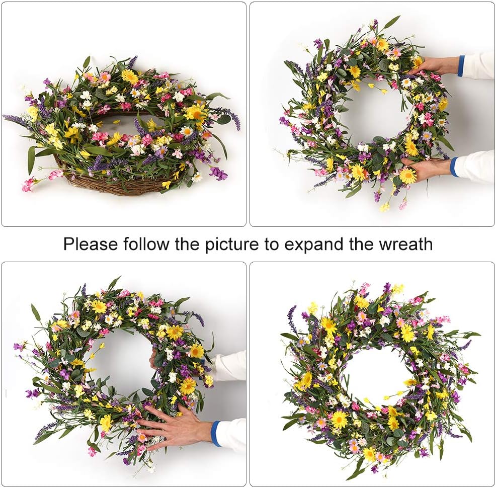 J'FLORU Spring Wreath 24 Inch Summer Wreaths for Front Door Artificial Flower Wreath with Daisy and Lavender for Indoor Outdoor and Easter Celebration