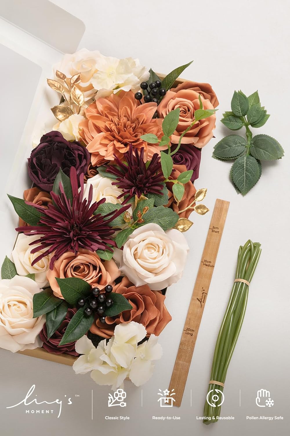 Ling's moment Fake Flowers Box, Faux Artificial Greenery Stems Foam Roses Berry Silk Dahlia Hydrangea Fabic Flower for Centerpieces Bouquet Wedding Floral Vase, Terracotta & Burgundy, Deluxe Combo
