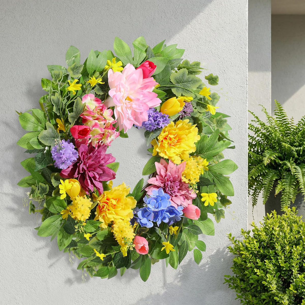 Spring Wreaths for Front Door, 24 Inch Greenery Front Door Wreath with Peonies Dahlias Hydrangeas, Artificial Home Decorations for Indoor Outdoor Window Wall, Outside Floral Wreath Decor for Home Porch