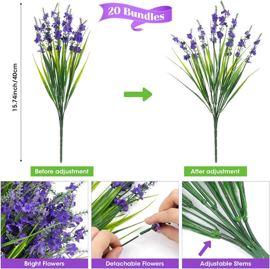 20 Bundles Artificial Lavender Flowers for Outdoors Fake Silk Flowers Faux Plants UV Resistant for Indoor and Outdoor Spring Porch Garden Window Table Box Office Home Decorations, Deep Purple