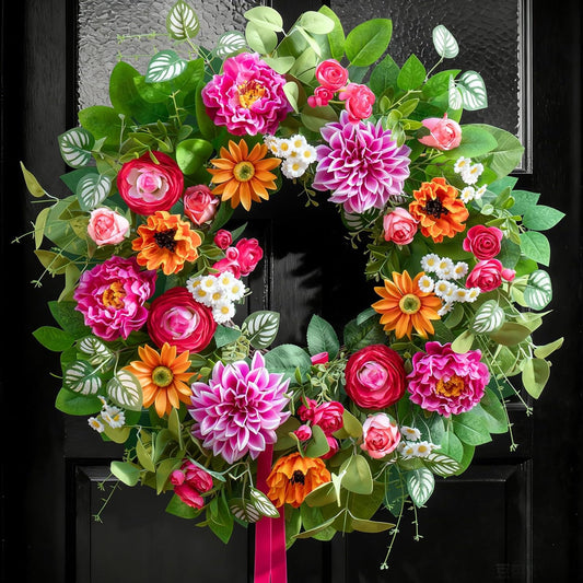 24 Inch Spring Summer Wreath for Front Door with Dahlia, Peony & Daisy Floral Decor