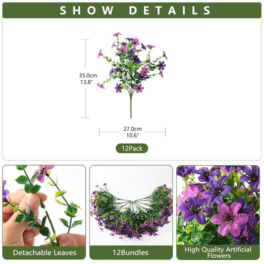 12 Bundles UV Resistant Artificial Flowers - Realistic Faux Silk Daisy with Eucalyptus Stems