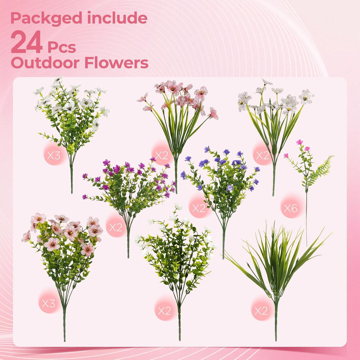 Fake Flowers for Outdoor UV Resistant 24 Pcs Pink Summer Artificial Flowers Outdoors, Realistic Faux Silk Flowers Fade Resistant, Fake Plants & Flowers for Garden Porch Planters Window Patio Wedding