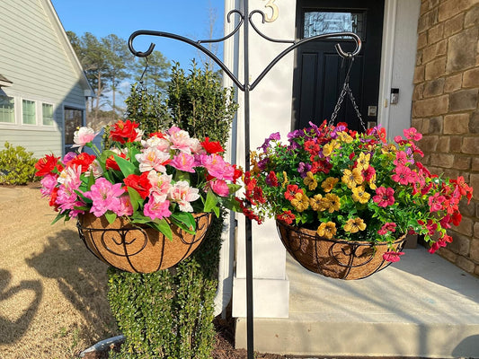 HyeFlora Artificial Faux Hanging Plants Flowers Basket for Spring Summer Outdoor Outside Decoration, Fake Silk Colorful Daisy Eucalyptus in Planter UV Resistant Realistic for Porch Patio Balcony Yard