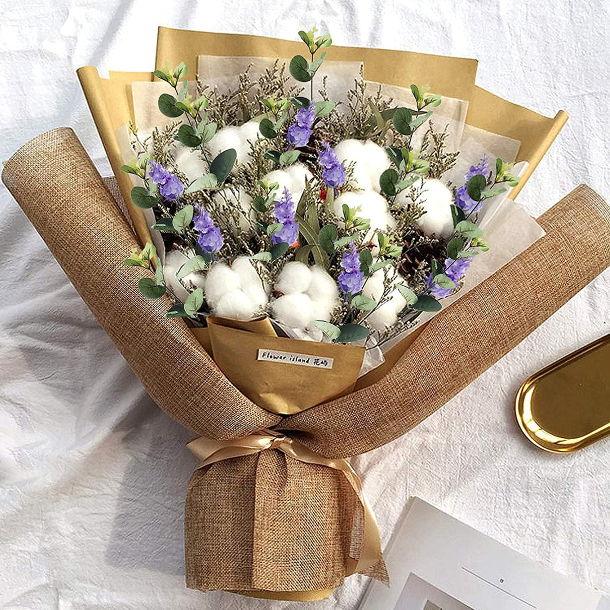 Ageomet 6 Pcs 20Inch Farmhouse Cotton Flowers, Faux Cotton Stems Arrangements for Home Decor, Artificial Cotton Floral Plants Decor with Eucalyptus Lavender Bulk