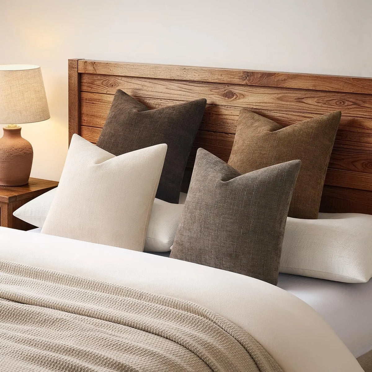 4Pcs Chenille Textured Throw Pillow Covers, Neutral Brown Solid Decorative Farmhouse Cushion Covers