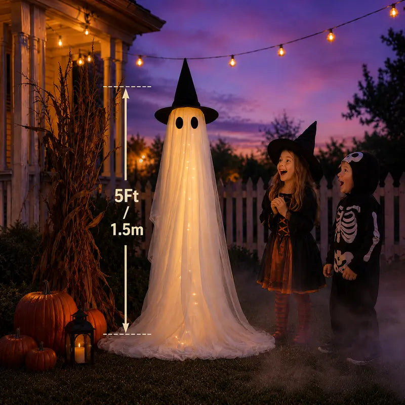 2-Packs Halloween Aesthetic Horror Lighted Ghost Decor Set, 5Ft Wind-Resistant Outdoor Party Decoration