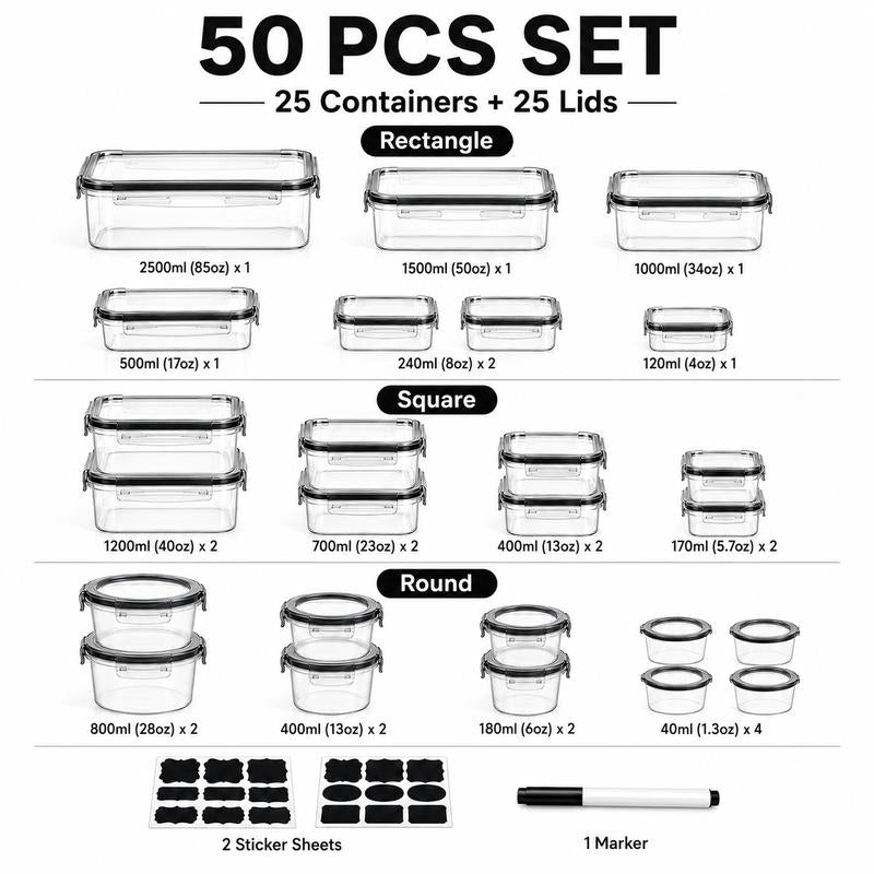 40-Piece Rectangular Plastic Kitchen Food Storage Set - 20 Bases & 20 Lids, Airtight & Leakproof