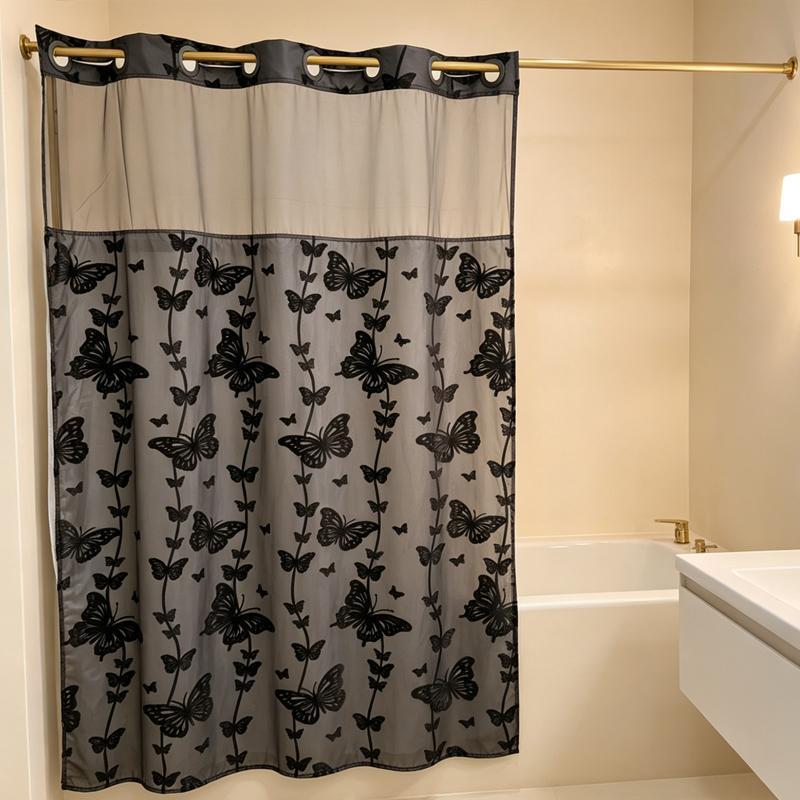Hook-Free Double-Layer Butterfly Flocked Shower Curtain with Mesh Top Window, 71 x 74 in