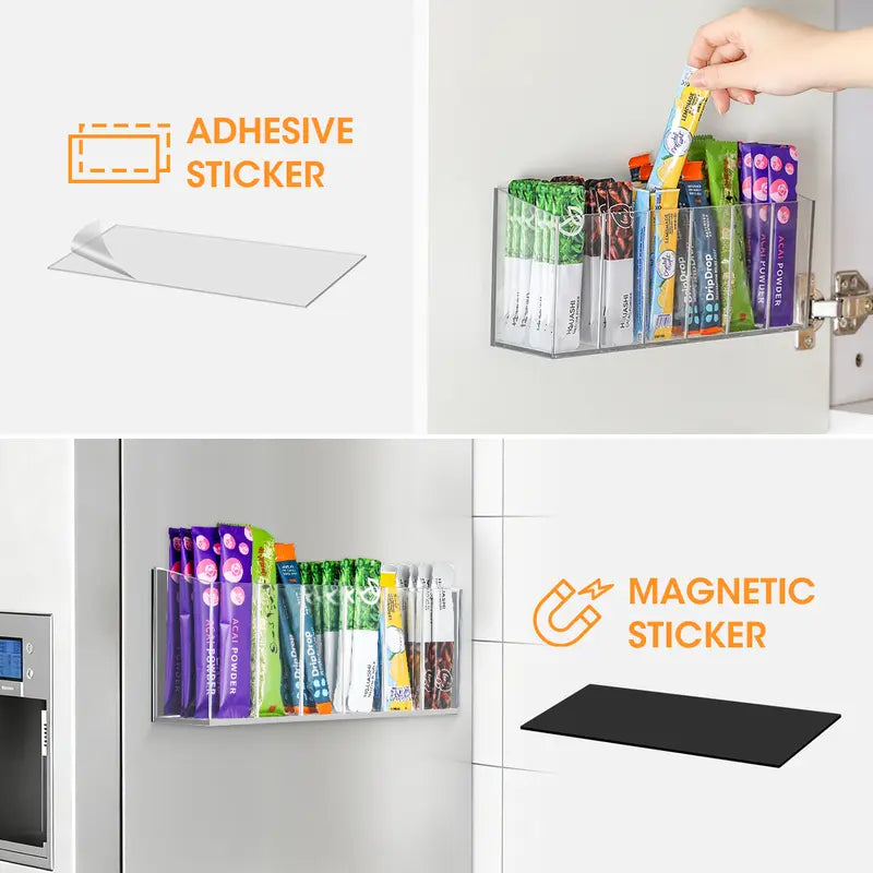Drink Packet Organizer, Mountable Space-Saving Tidy Counter Setup Holder with Adhesive & Magnetic Sticker