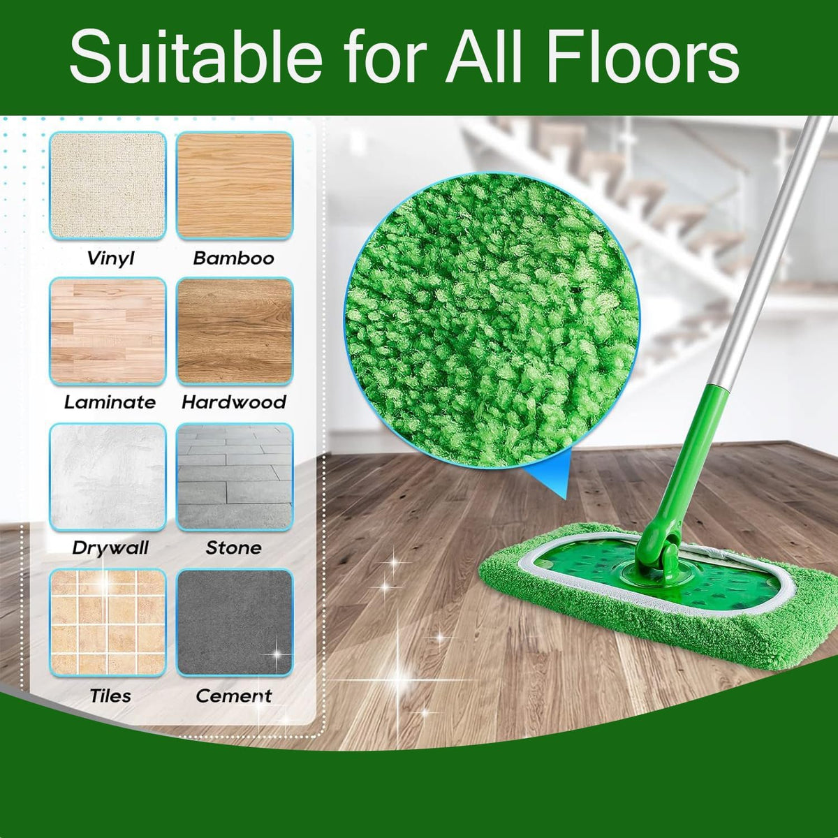 Ultra-Absorbent Reusable Microfiber Mop Pads for Deep Cleaning, Wet and Dry Use, 8-Pack