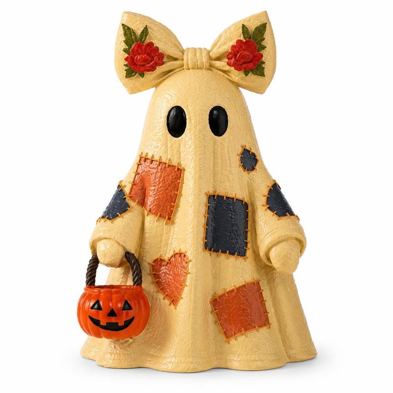 Lighted Patchwork Ghost with Pumpkin Lantern - Modern Minimalist Halloween Figurine