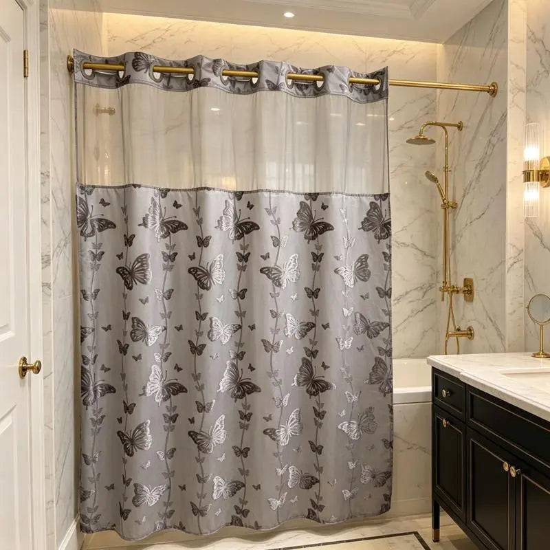 Hook-Free Double-Layer Butterfly Flocked Shower Curtain with Mesh Top Window, 71 x 74 in