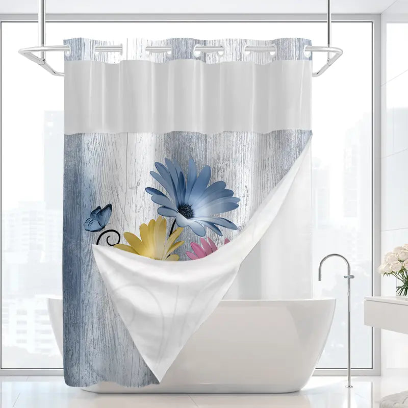 Double-Layer Daisy Printed Shower Curtain - Hookless Waterproof Fabric for Bathroom