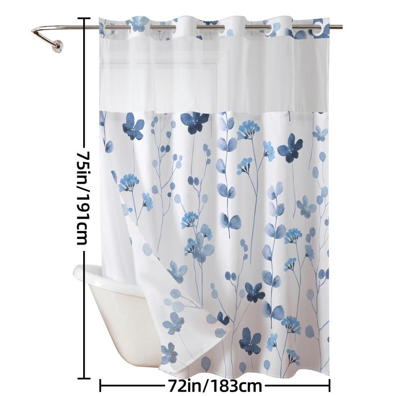 Ink and Wash Floral Double-Layer Shower Curtain, Hookless Country Style Decor, 72x75in