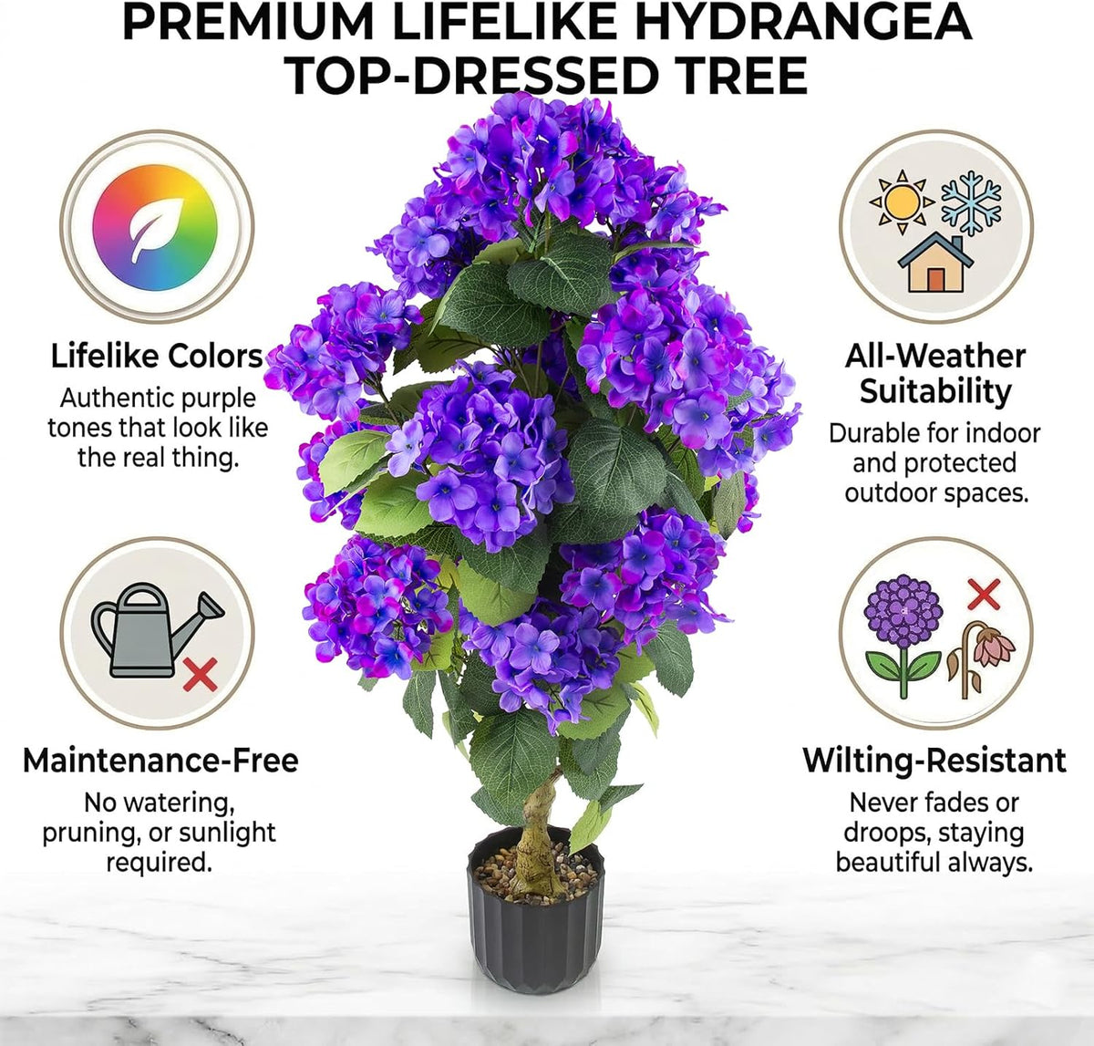 2 Pcs 3 Ft Artificial Hydrangea Trees Potted, UV Resistant Faux Silk Hydrangea Plant in Pot for Indoor Outdoor Decoration, Hydrangea Topiary for Garden Office Home Porch Patio Decor