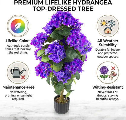 2 Pcs 3 Ft Artificial Hydrangea Trees Potted, UV Resistant Faux Silk Hydrangea Plant in Pot for Indoor Outdoor Decoration, Hydrangea Topiary for Garden Office Home Porch Patio Decor