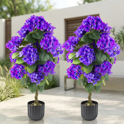 2 Pcs 3 Ft Artificial Hydrangea Trees Potted, UV Resistant Faux Silk Hydrangea Plant in Pot for Indoor Outdoor Decoration, Hydrangea Topiary for Garden Office Home Porch Patio Decor