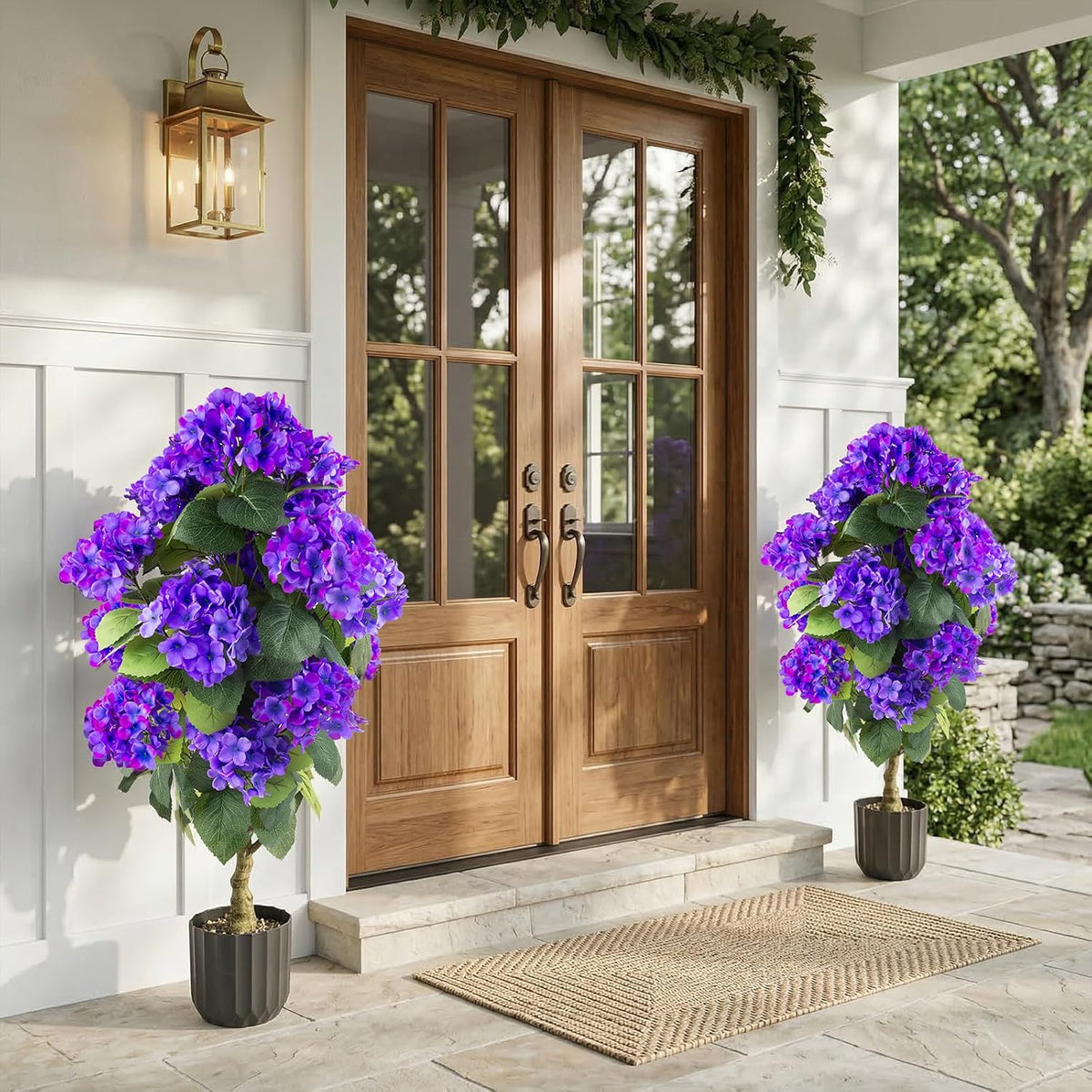 2 Pcs 3 Ft Artificial Hydrangea Trees Potted, UV Resistant Faux Silk Hydrangea Plant in Pot for Indoor Outdoor Decoration, Hydrangea Topiary for Garden Office Home Porch Patio Decor