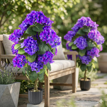 2 Pcs 3 Ft Artificial Hydrangea Trees Potted, UV Resistant Faux Silk Hydrangea Plant in Pot for Indoor Outdoor Decoration, Hydrangea Topiary for Garden Office Home Porch Patio Decor