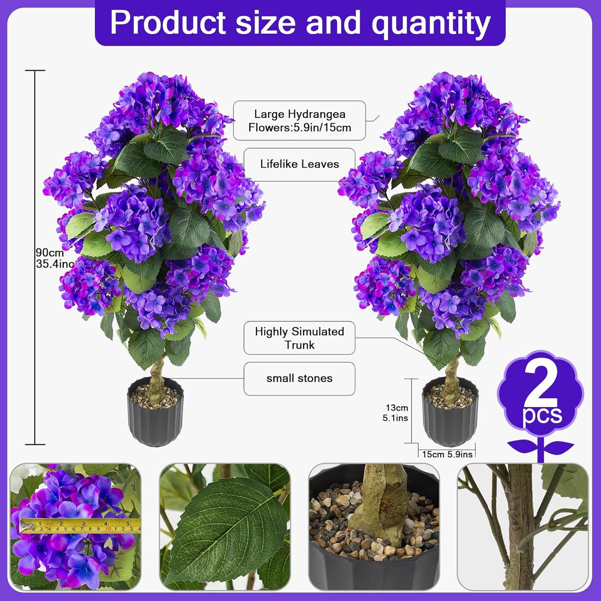 2 Pcs 3 Ft Artificial Hydrangea Trees Potted, UV Resistant Faux Silk Hydrangea Plant in Pot for Indoor Outdoor Decoration, Hydrangea Topiary for Garden Office Home Porch Patio Decor