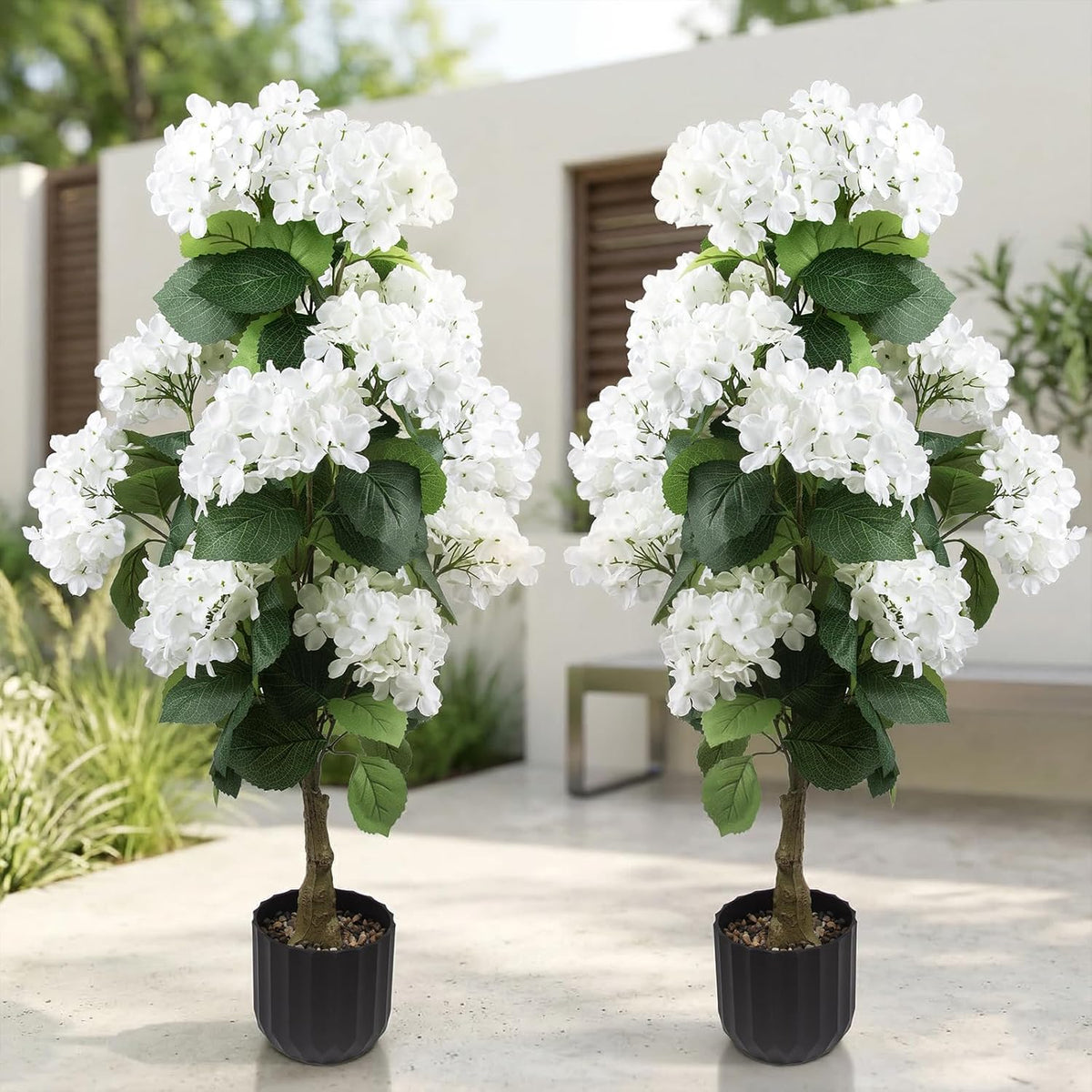 2 Pcs 3 Ft Artificial Hydrangea Trees Potted, UV Resistant Faux Silk Hydrangea Plant in Pot for Indoor Outdoor Decoration, Hydrangea Topiary for Garden Office Home Porch Patio Decor