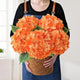 Orange-red artificial hydrangea bunch; basket shown for styling only