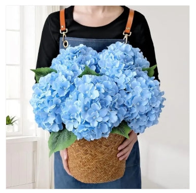 Blue artificial hydrangea bunch shown with styling basket, basket not included