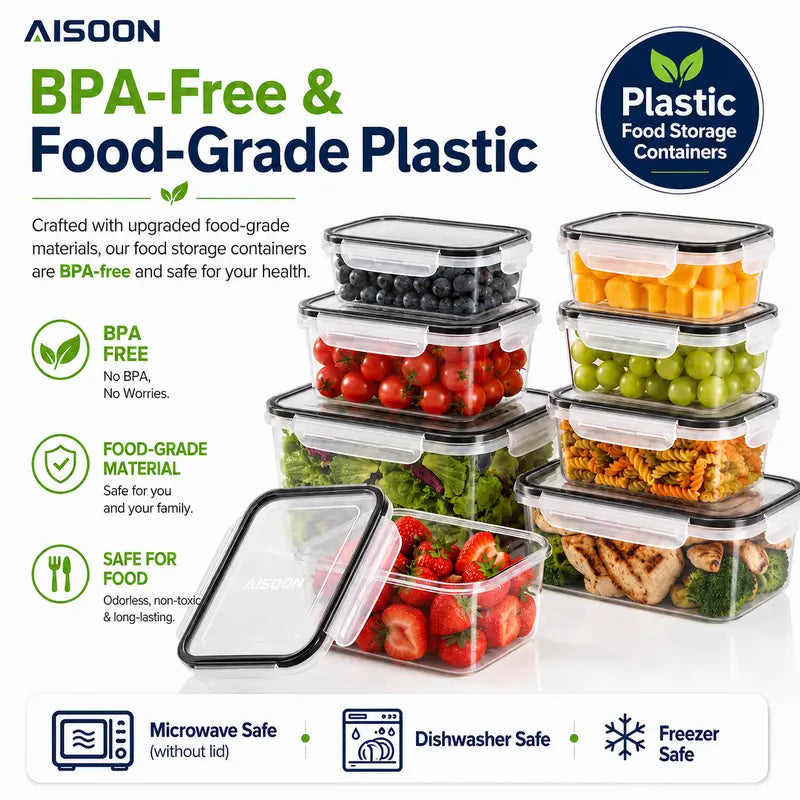 40-Piece Rectangular Plastic Kitchen Food Storage Set - 20 Bases & 20 Lids, Airtight & Leakproof