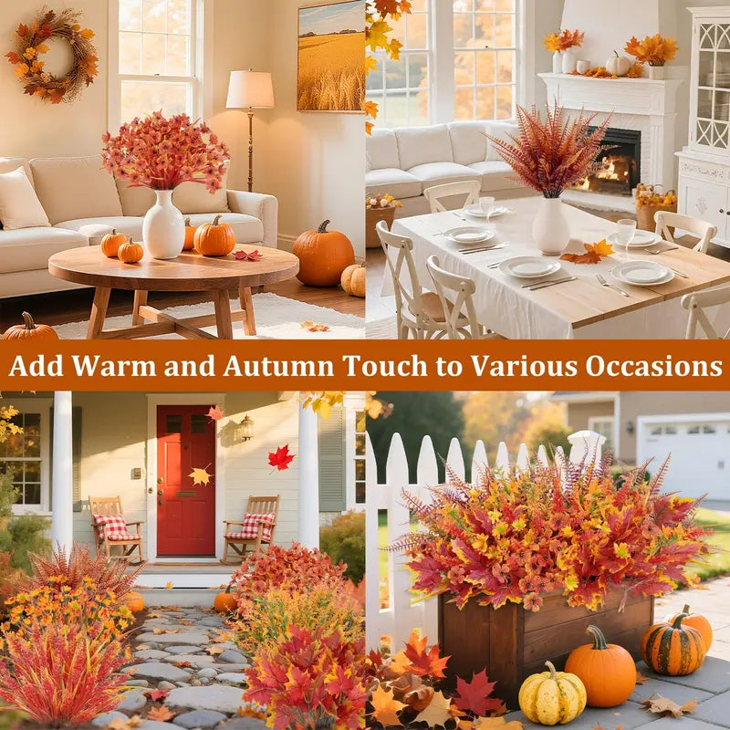 24-Bundle 6-Style Artificial Faux Plants Decorative Fall Flowers, UV-Resistant Orange Mums and Maple Leaves