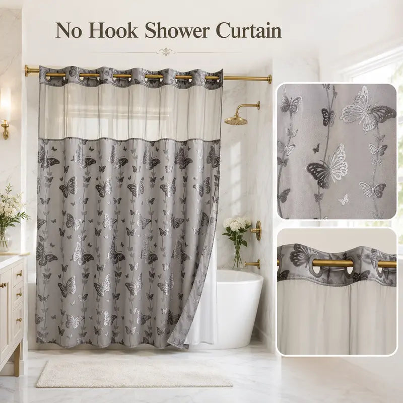 Hook-Free Double-Layer Butterfly Flocked Shower Curtain with Mesh Top Window, 71 x 74 in