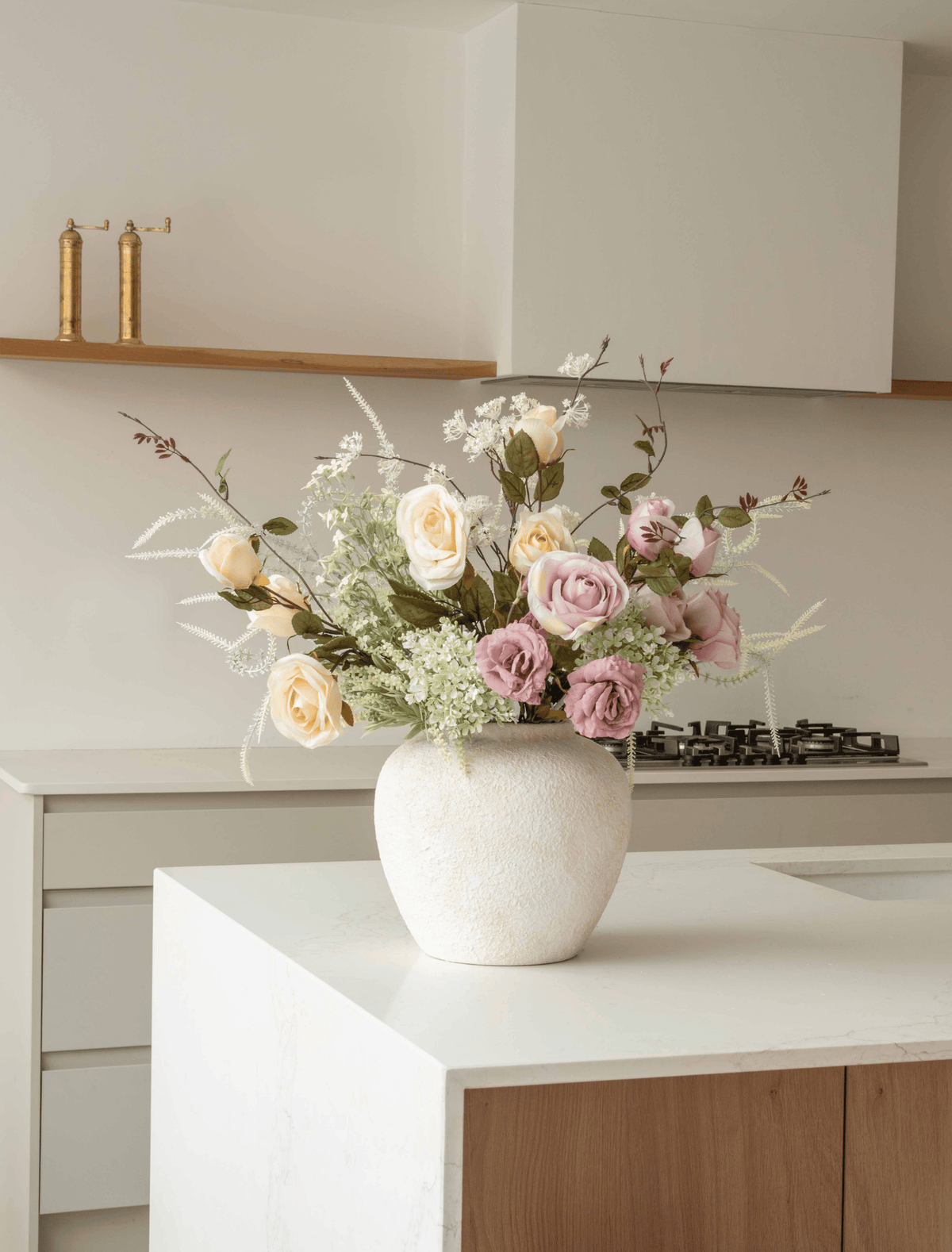 Faux Spring Floral Arrangement - Blush and Peach Roses with Wispy Foliage