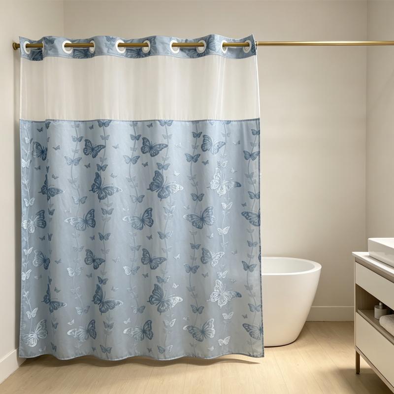 Hook-Free Double-Layer Butterfly Flocked Shower Curtain with Mesh Top Window, 71 x 74 in