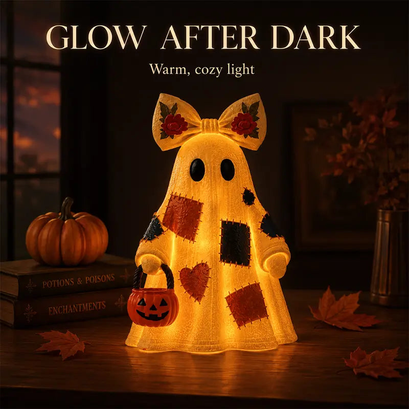 Lighted Patchwork Ghost with Pumpkin Lantern - Modern Minimalist Halloween Figurine