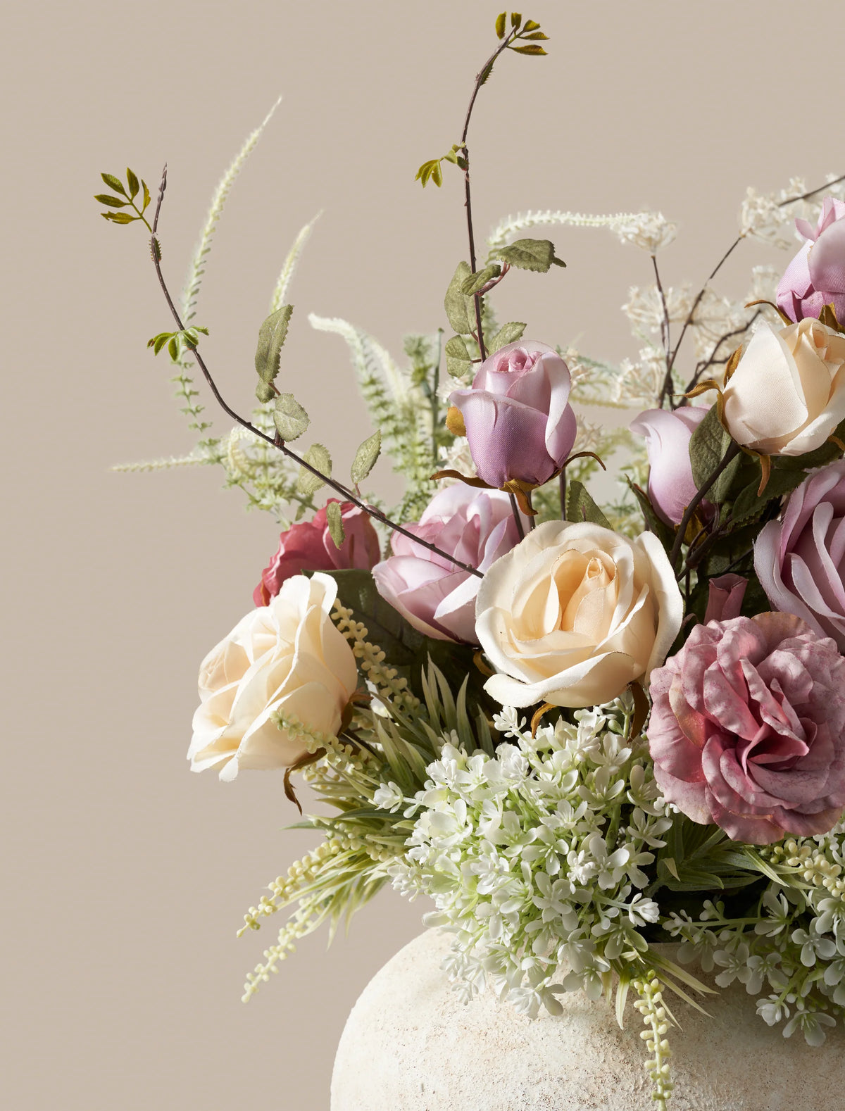 Faux Spring Floral Arrangement - Blush and Peach Roses with Wispy Foliage