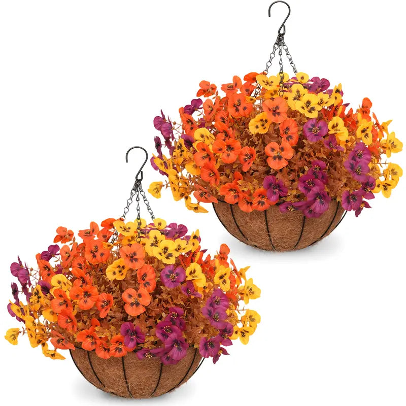 2 Pcs Autumn Pansy Artificial Hanging Flower Baskets for Front Porch, Garden and Patio Decor