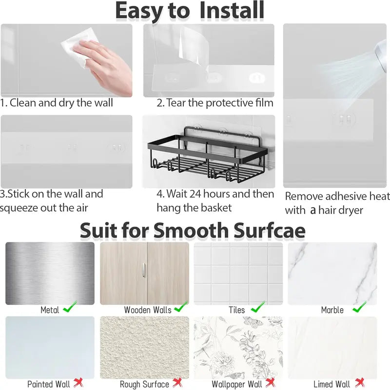 5-Pack Modern Matte Black Self-Adhesive Shower Caddy Set - No-Drill Stainless Steel Storage