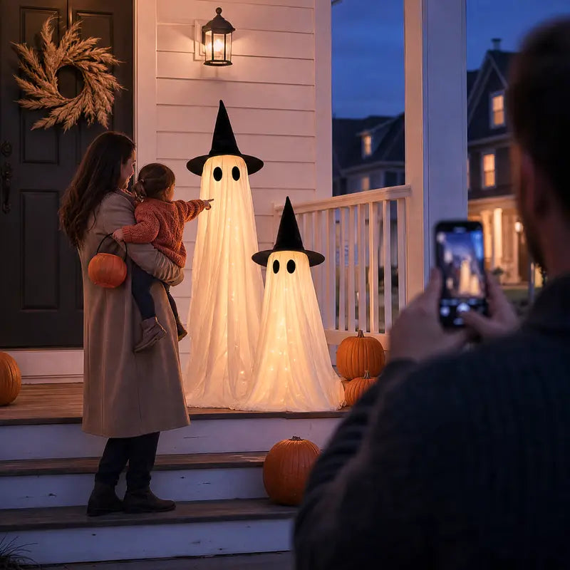 2-Packs Halloween Aesthetic Horror Lighted Ghost Decor Set, 5Ft Wind-Resistant Outdoor Party Decoration