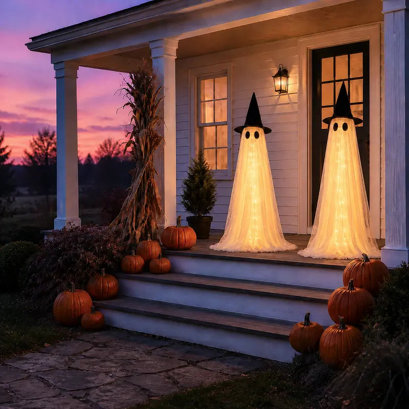 2-Packs Halloween Aesthetic Horror Lighted Ghost Decor Set, 5Ft Wind-Resistant Outdoor Party Decoration
