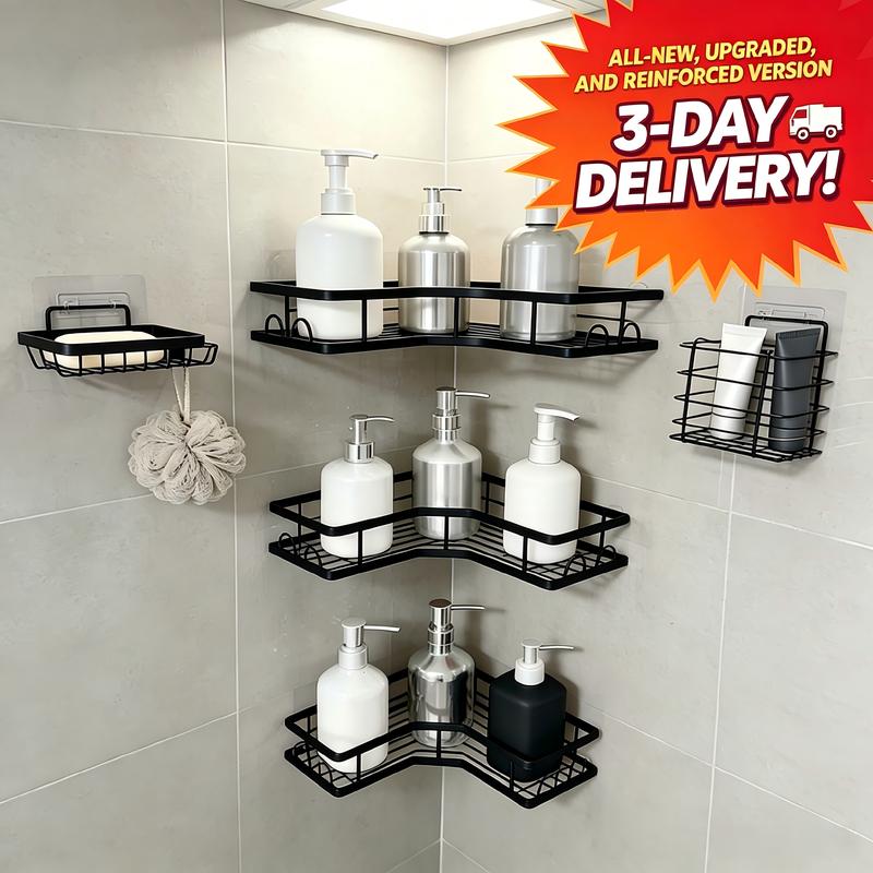 5-Pack Modern Matte Black Self-Adhesive Shower Caddy Set - No-Drill Stainless Steel Storage