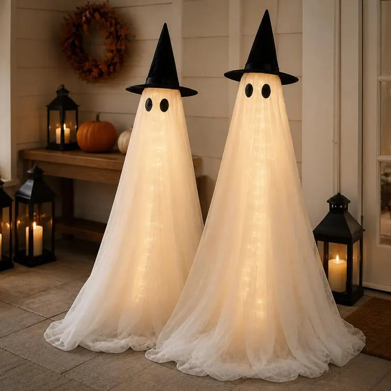 2-Packs Halloween Aesthetic Horror Lighted Ghost Decor Set, 5Ft Wind-Resistant Outdoor Party Decoration