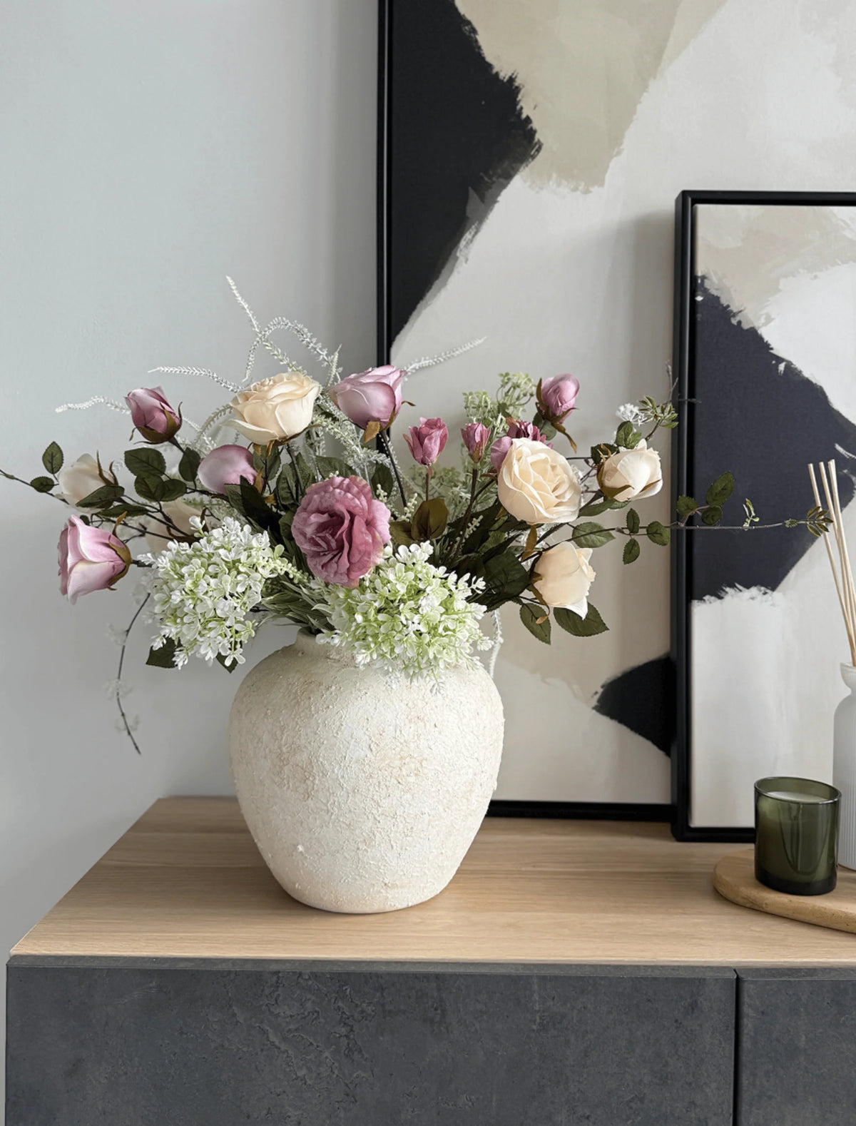 Faux Spring Floral Arrangement - Blush and Peach Roses with Wispy Foliage