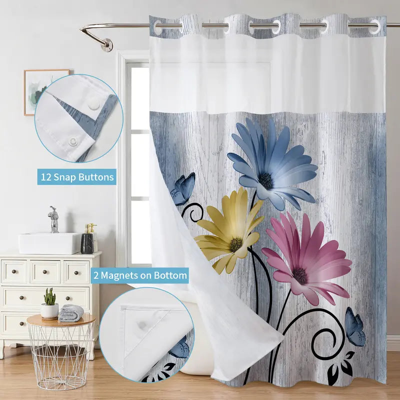 Double-Layer Daisy Printed Shower Curtain - Hookless Waterproof Fabric for Bathroom