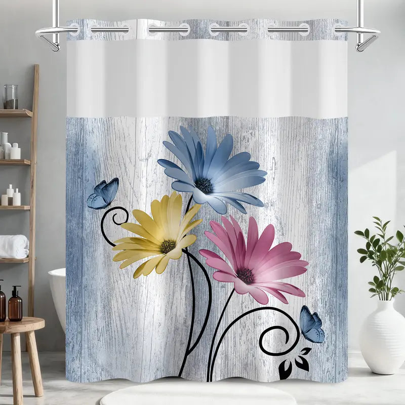 Double-Layer Daisy Printed Shower Curtain - Hookless Waterproof Fabric for Bathroom
