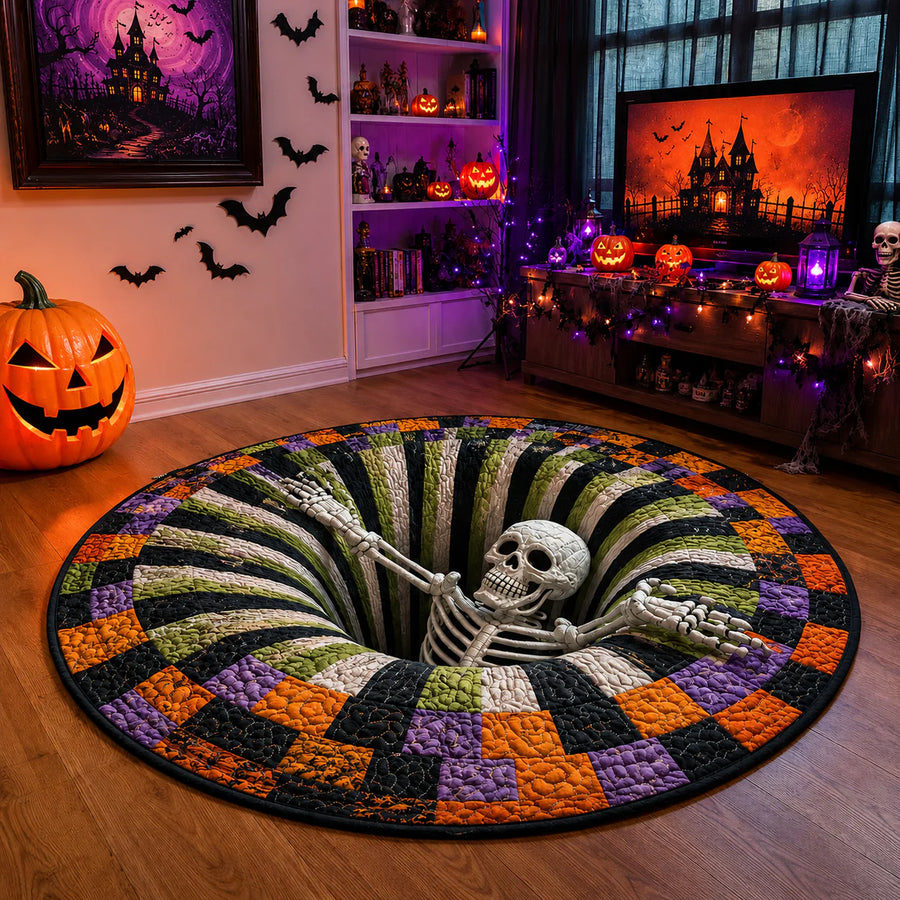 🔥🔥🔥3D Optical Illusion Skeleton Vortex Quilted Round Halloween Rug - Spooky Home Decor
